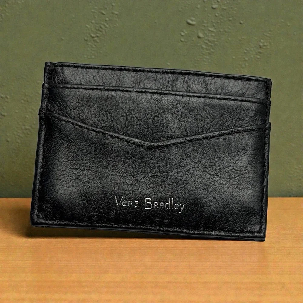 Vera Bradley Black Leather Card Wallet Slim ID Holder Teal Floral Lined